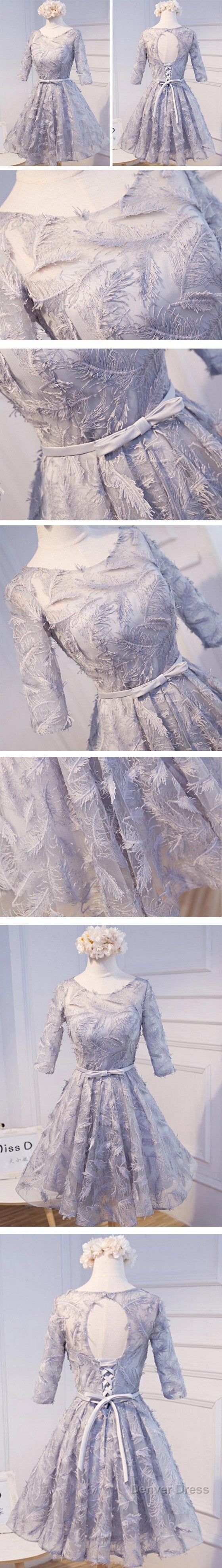 Unique Style Three-Quarter Sleeve Full Feather Appliques Keyhole Lace Up Back Tea-Length Homecoming Dresses