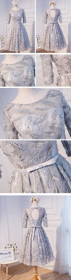 Unique Style Three-Quarter Sleeve Full Feather Appliques Keyhole Lace Up Back Tea-Length Homecoming Dresses