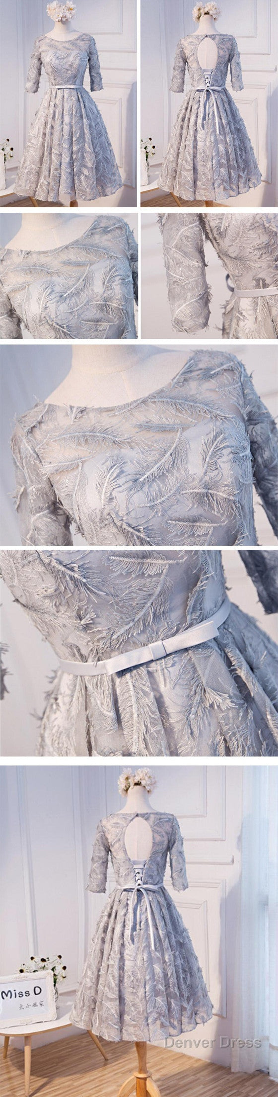 Unique Style Three-Quarter Sleeve Full Feather Appliques Keyhole Lace Up Back Tea-Length Homecoming Dresses