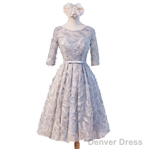 Unique Style Three-Quarter Sleeve Full Feather Appliques Keyhole Lace Up Back Tea-Length Homecoming Dresses Main image