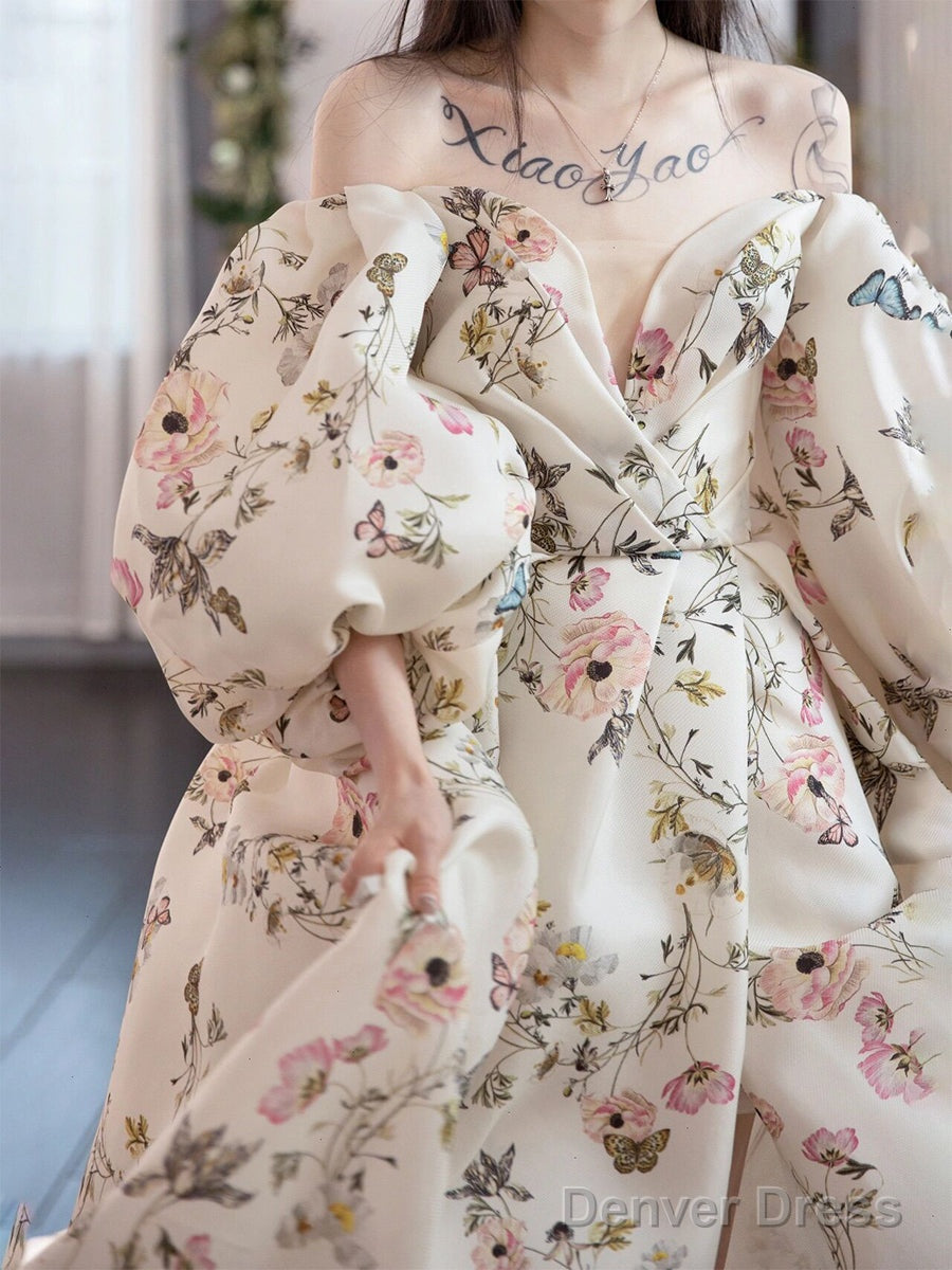Unique Sweetheart Neck Puff Sleeves Long Prom Dress Printing Evening Dress Secondary image