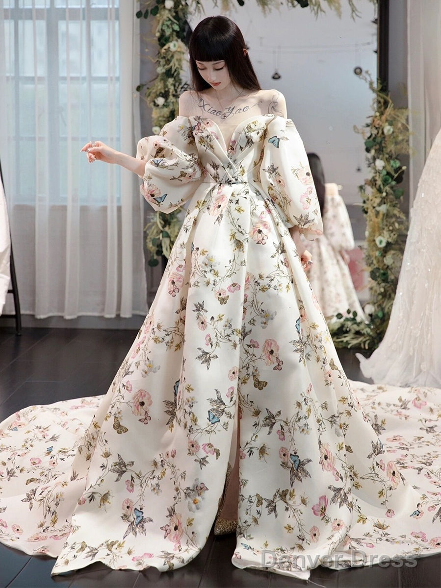 Unique Sweetheart Neck Puff Sleeves Long Prom Dress Printing Evening Dress Main image