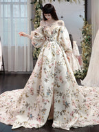 Unique Sweetheart Neck Puff Sleeves Long Prom Dress Printing Evening Dress