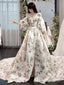 Unique Sweetheart Neck Puff Sleeves Long Prom Dress Printing Evening Dress