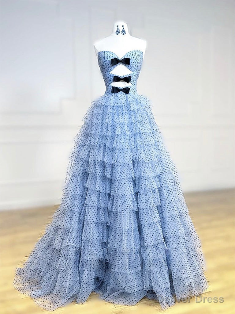 Unique Sweetheart Neck Tulle Blue Long Prom Dress, Blue Tulle Long Formal Dress Main image