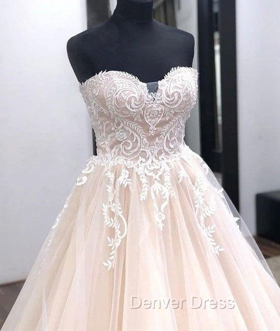 Unique Sweetheart Neck Tulle Lace Applique Long Wedding Dresses, Lace Bridal Dresses