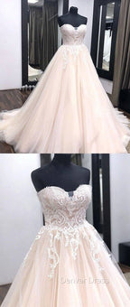 Unique Sweetheart Neck Tulle Lace Applique Long Wedding Dresses, Lace Bridal Dresses