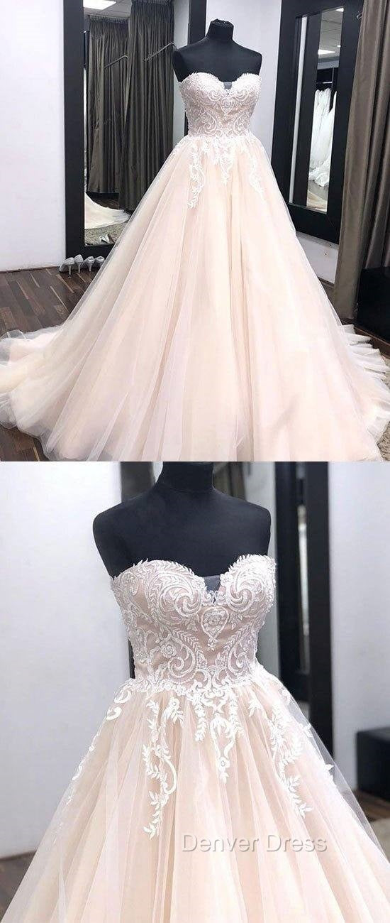 Unique Sweetheart Neck Tulle Lace Applique Long Wedding Dresses, Lace Bridal Dresses