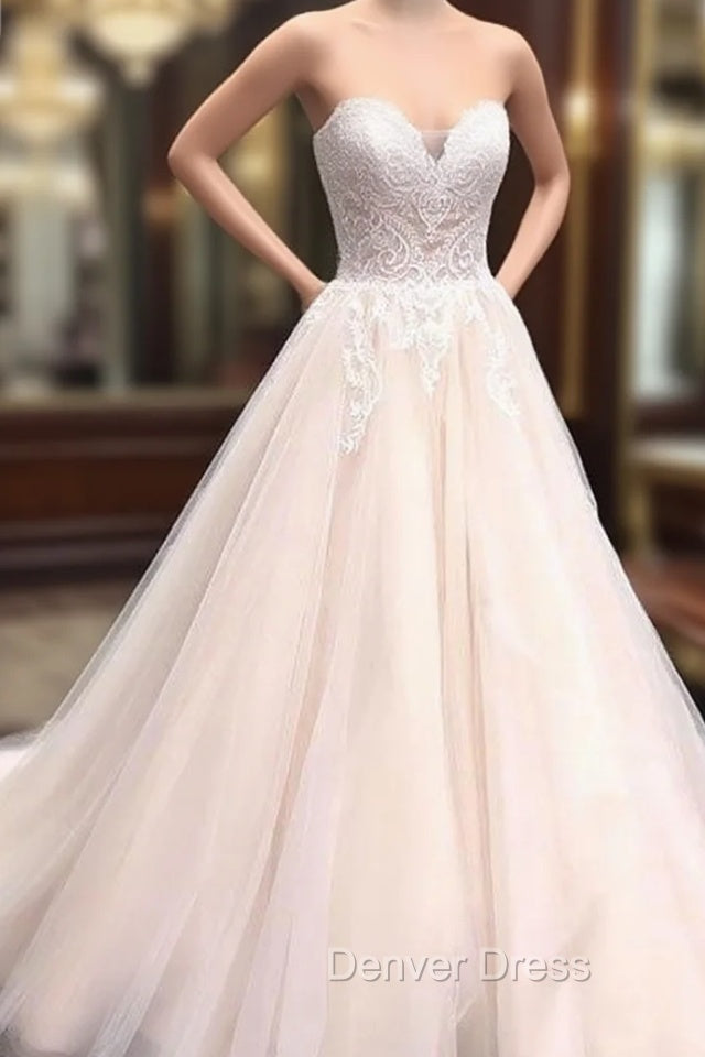 Unique Sweetheart Neck Tulle Lace Applique Long Wedding Dress, Lace Bridal Dresses