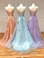Unique sweetheart neck tulle lace long prom Dress A Line Prom Dresses