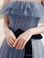 Unique Tulle A-Line Off Shoulder Prom Dress, Tulle Evening Gowns