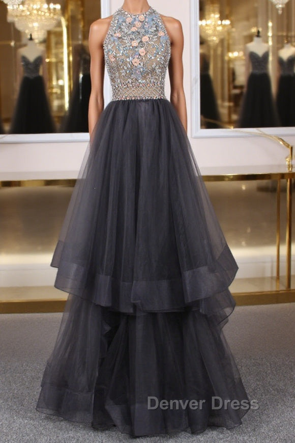Unique tulle beads long prom Dress tulle long Prom Dresses Main image