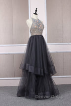 Unique tulle beads long prom Dress tulle long Prom Dresses