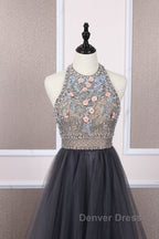 Unique tulle beads long prom Dress tulle long Prom Dresses