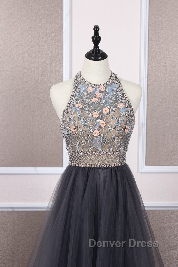 Unique tulle beads long prom Dress tulle long Prom Dresses