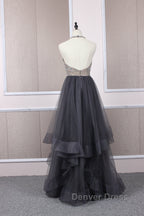 Unique tulle beads long prom Dress tulle long Prom Dresses