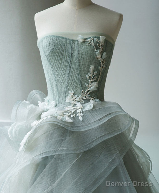 Unique Tulle Lace Gray Green Long Prom Gown, Tulle Lace Evening Dress