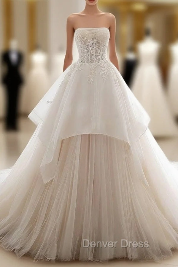 Unique Tulle Lace Long Prom Dress, Tulle Lace Wedding Dresses Main image