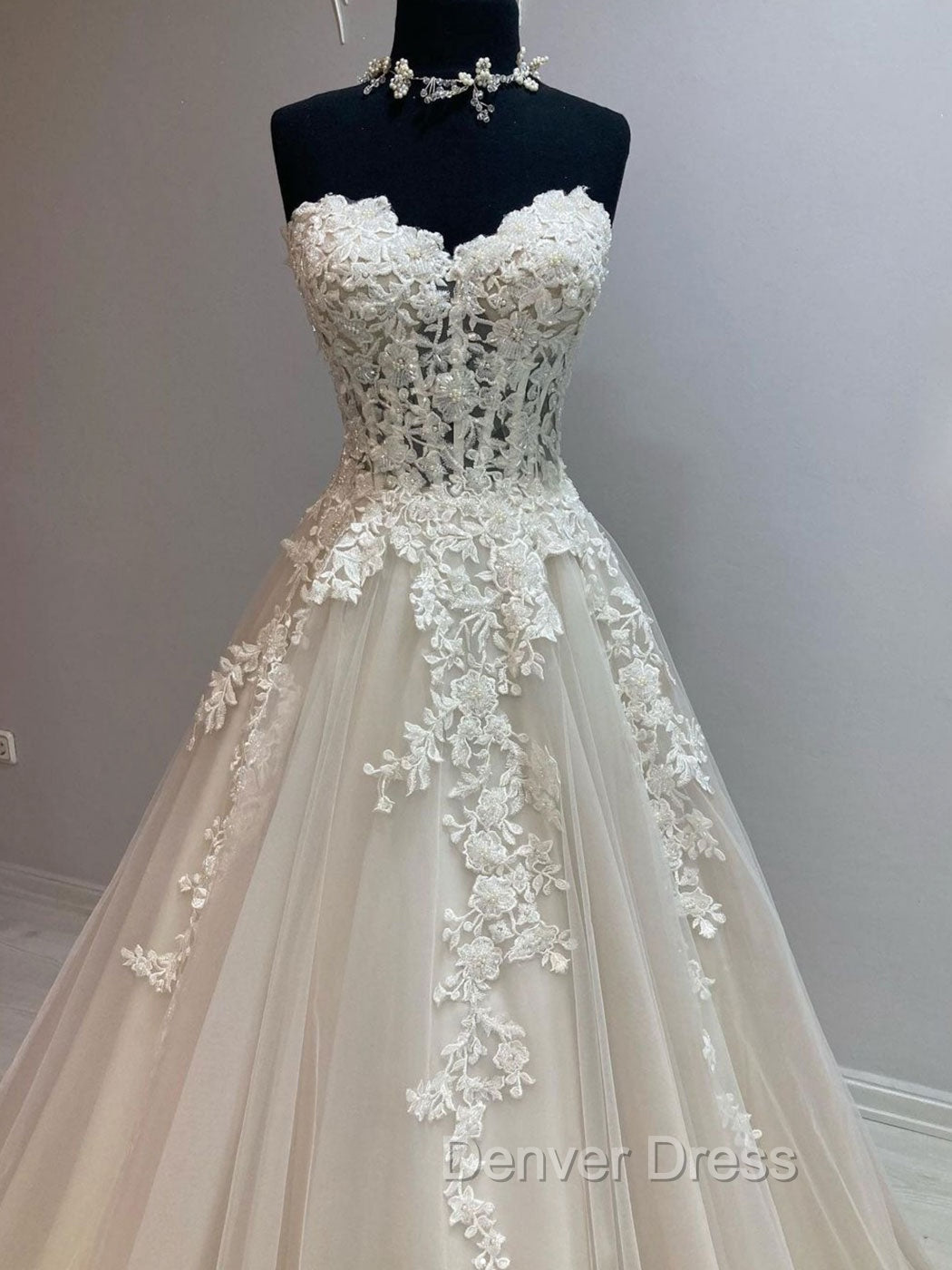 Unique Tulle Lace Long Wedding Dresses, Tulle Lace Bridal Dresses