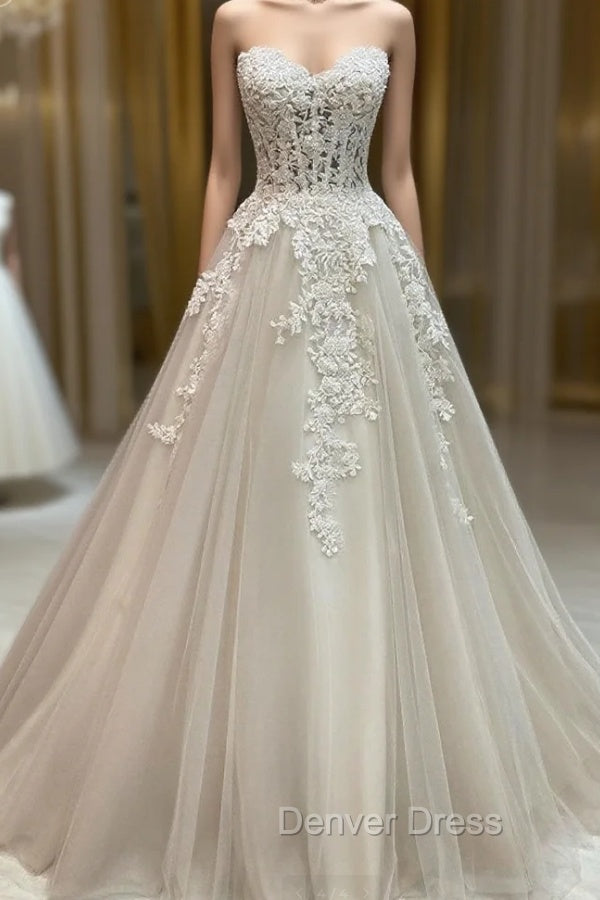 Unique Tulle Lace Long Wedding Dress, Tulle Lace Bridal Dresses