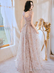 Unique Tulle Lace Pink Long Prom Dress, Lace Pink Long Evening Dress