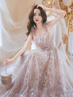 Unique Tulle Lace Pink Long Prom Dress, Lace Pink Long Evening Dress