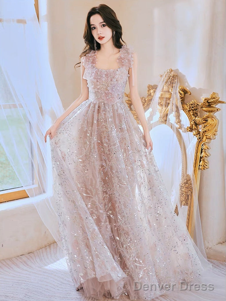 Unique Tulle Lace Pink Long Prom Dress, Lace Pink Long Evening Dress Main image
