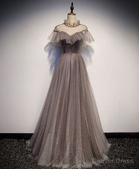 Unique Tulle Long Prom Dress, Tulle Gray Evening Dress