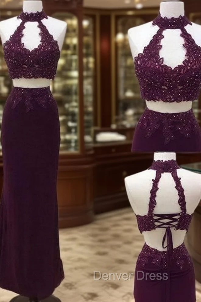 Unique Two Pieces Lace Applique Long Prom Dresses, Lace Evening Dresses Main image