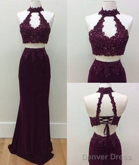 Unique Two Pieces Lace Applique Long Prom Dress, Lace Evening Dress