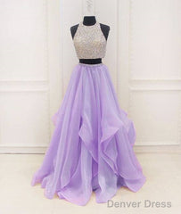 Unique Two Pieces Sequin Purple Long Prom Dress, Purple Evening Dress