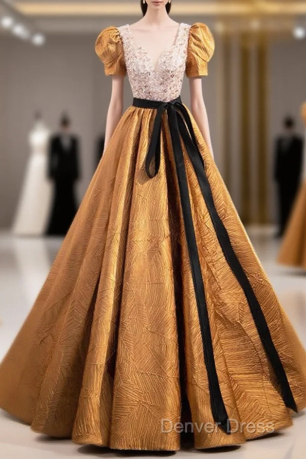 Unique V-Neck Beaded Floor Length Prom Dresses, Beautiful A-Line Short Sleeve Party Dresses Main image