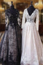 Unique V Neck Lace Tulle Long Prom Dresses Lace Evening Dresses