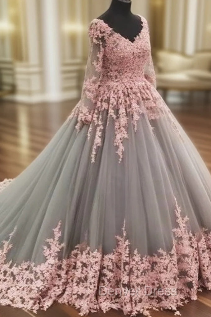 Unique V Neck Pink Lace Tulle Long Prom Dress, Pink Lace Tulle Wedding Dresses
