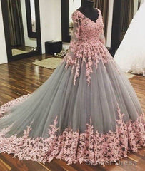 Unique V Neck Pink Lace Tulle Long Prom Dress, Pink Lace Tulle Wedding Dress