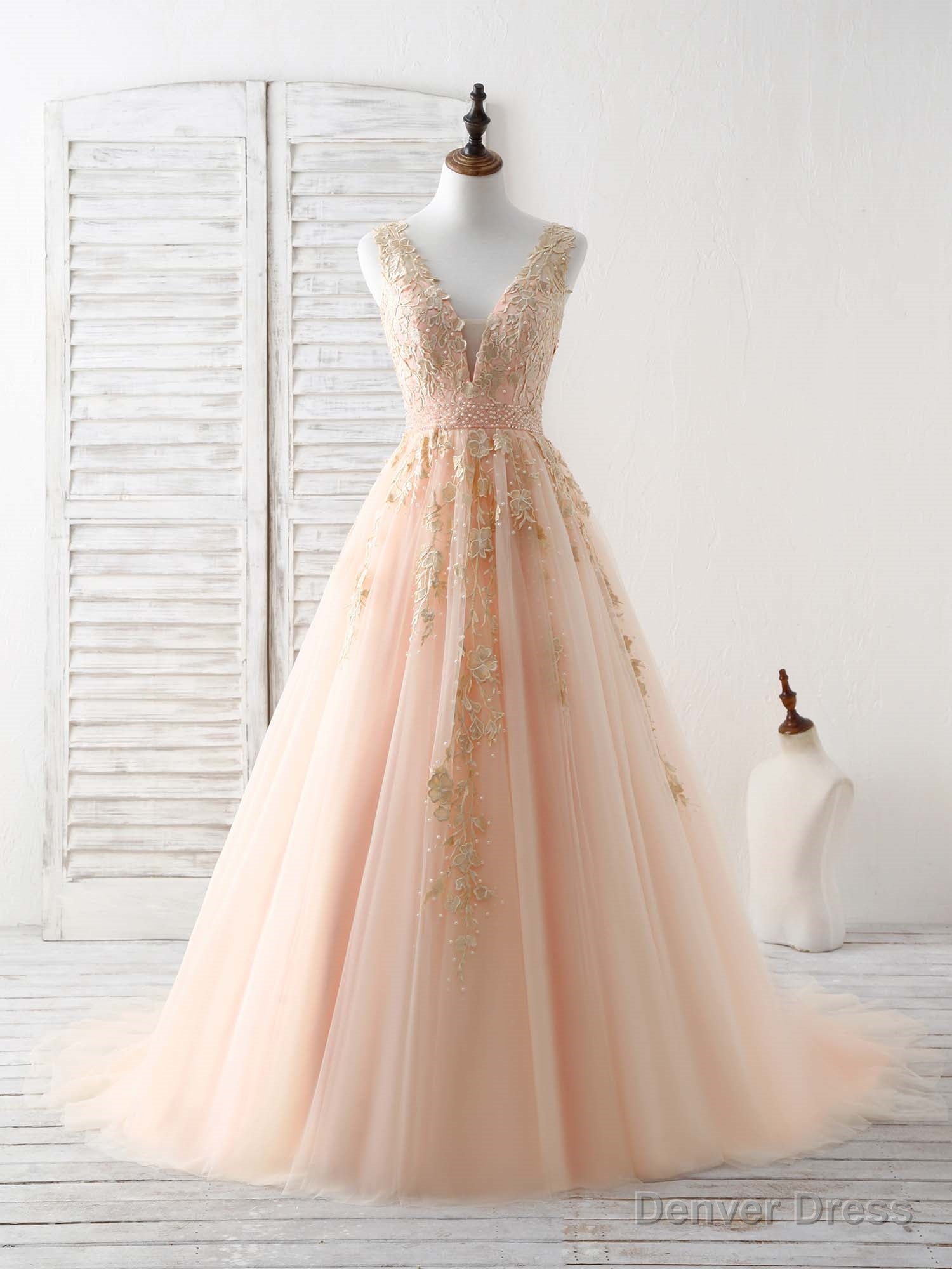 Unique V Neck Tulle Lace Applique Long Prom Dress, Evening Dress Secondary image