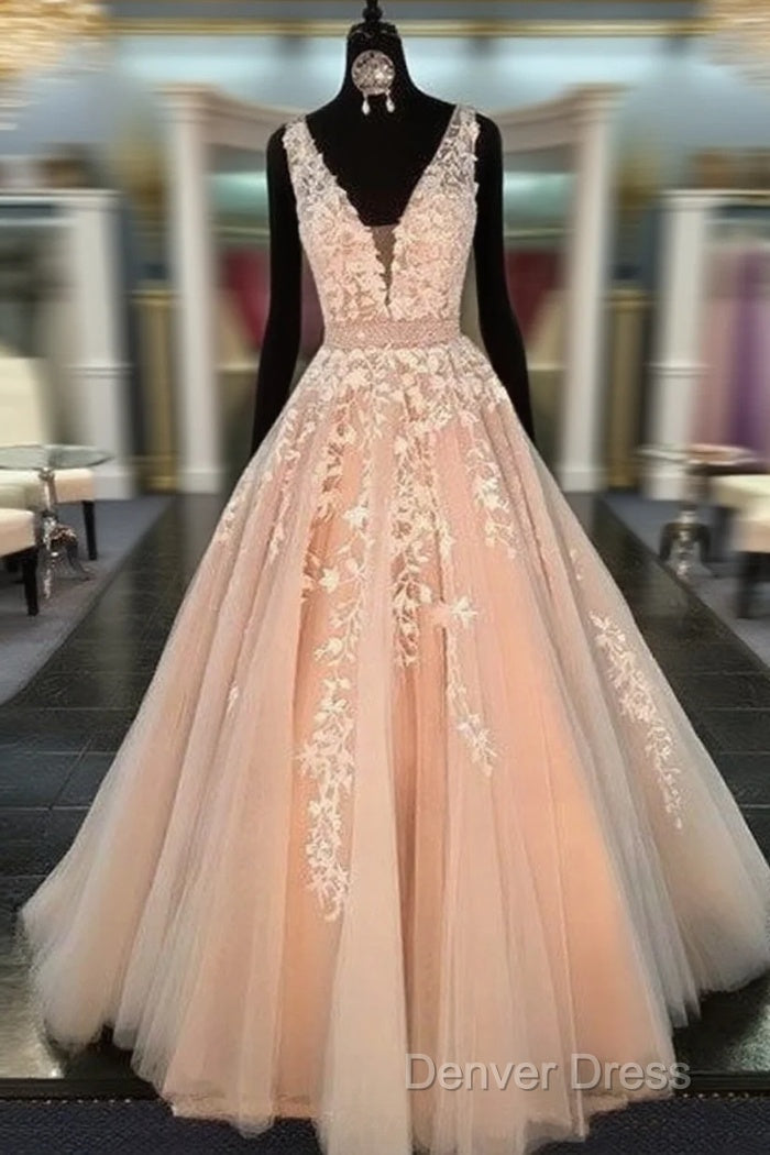 Unique V Neck Tulle Lace Long Prom Dress For Teens, Prom Dresses Main image