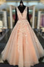 Unique V Neck Tulle Lace Long Prom Dress For Teens, Prom Dresses
