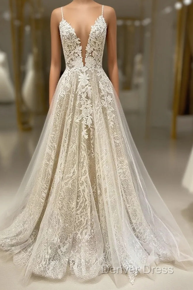 Unique V Neck Tulle Lace Long Prom Dresses Lace Tulle Evening Dresses