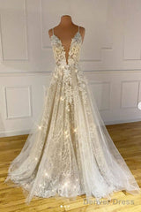 Unique V Neck Tulle Lace Long Prom Dress Lace Tulle Evening Dress