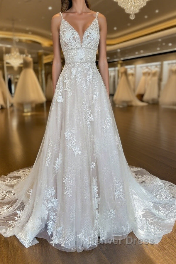 Unique v neck tulle lace long prom Dress, lace wedding Dresses