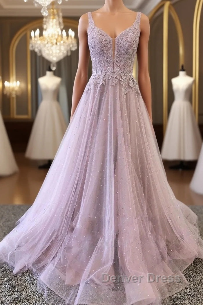 Unique v neck tulle lace long prom Dress, tulle Prom Dresses