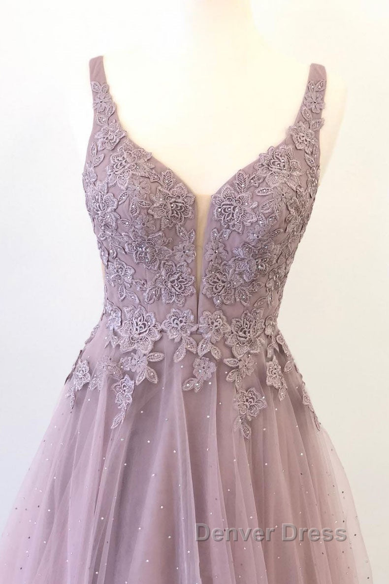Unique v neck tulle lace long prom Dress, tulle Prom Dresses Secondary image
