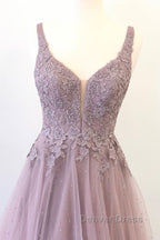 Unique v neck tulle lace long prom Dress, tulle Prom Dresses