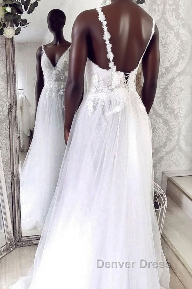 Unique v neck tulle lace long prom Dress tulle lace Prom Dresses Main image