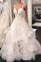 Unique v neck tulle lace long prom Dresses, tulle lace wedding Dresses