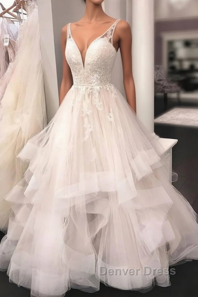 Unique v neck tulle lace long prom Dress, tulle lace wedding Dresses Main image