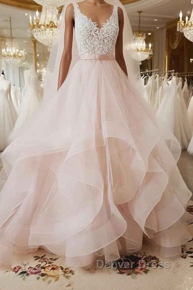 Unique v neck tulle lace long prom Dresses, tulle wedding Dresses Main image