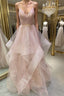 Unique v neck tulle sequin long prom Dress sequin Prom Dresses