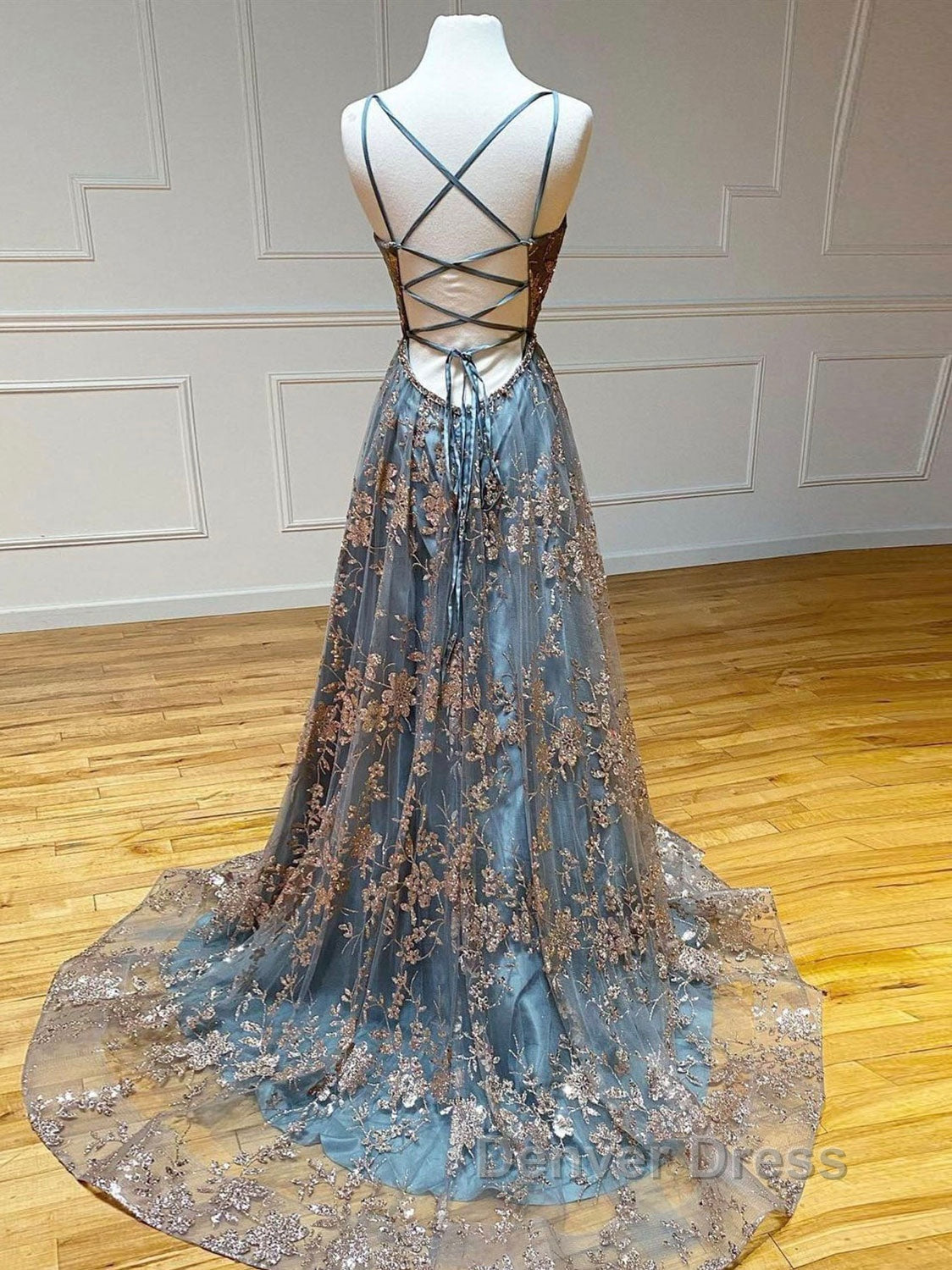 Unique v neck tulle sequin long prom Dress, sequin long Prom Dresses